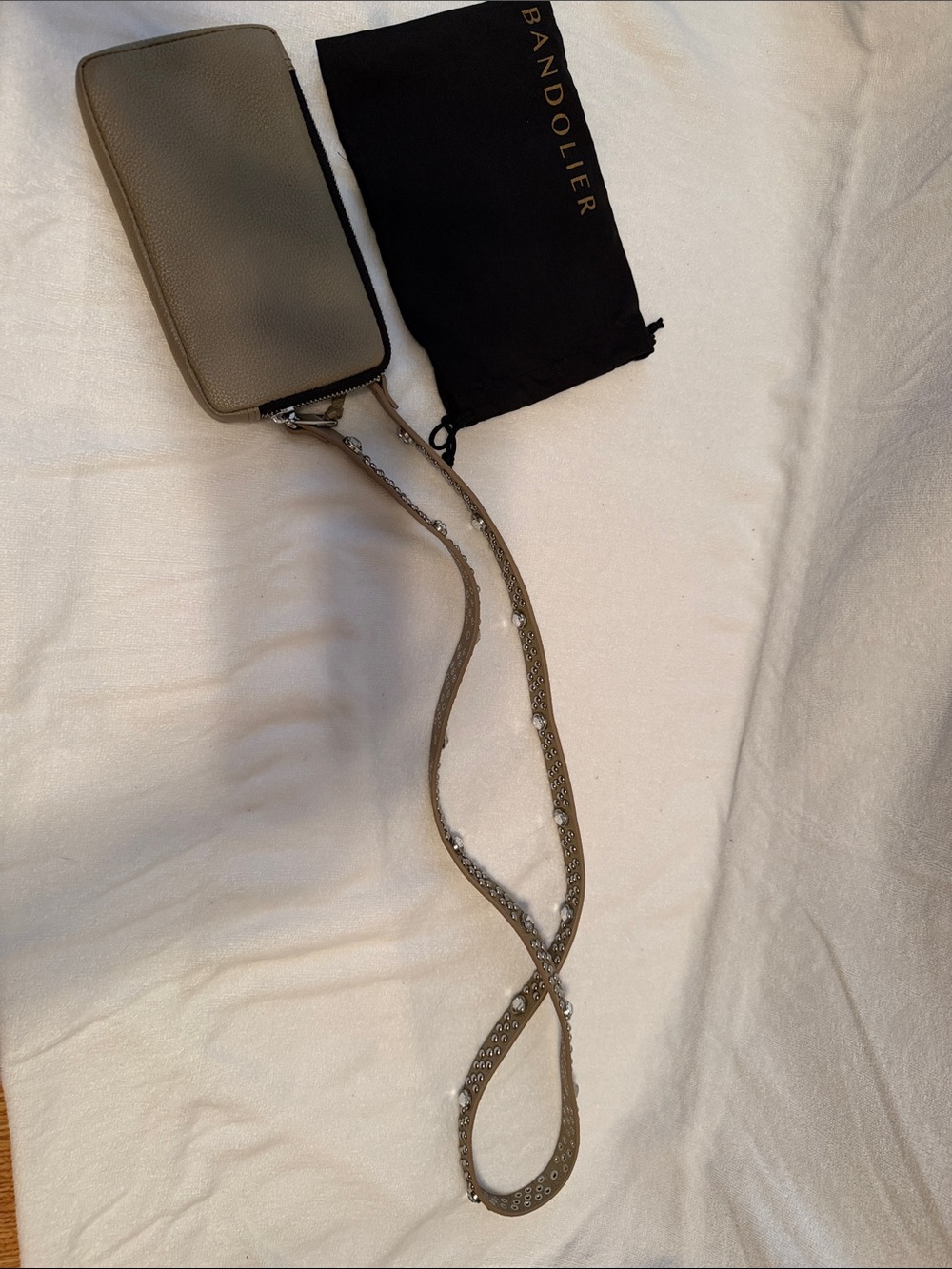 Bandolier Taupe Leather Crossbody Phone Wallet with Crystal-Stud Strap